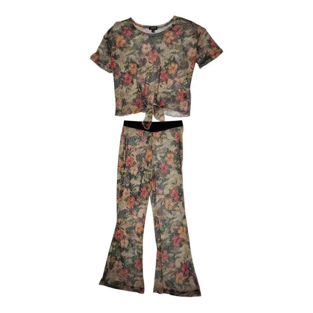 Rouge Mesh Floral Bell Bottom Pants Set Tie‎ Front Crop Top Boho Women's Size 1X
